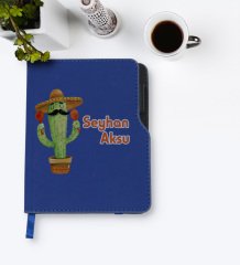 Kişiye Özel Kaktüs Tasarımlı Lacivert Termo Deri Defter-7