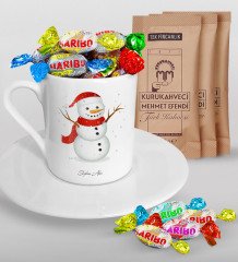 Kişiye Özel Kardan Adam Türk Kahvesi Fincanı Mehmet Efendi Kahve ve Haribo Şeker Hediye Seti-2