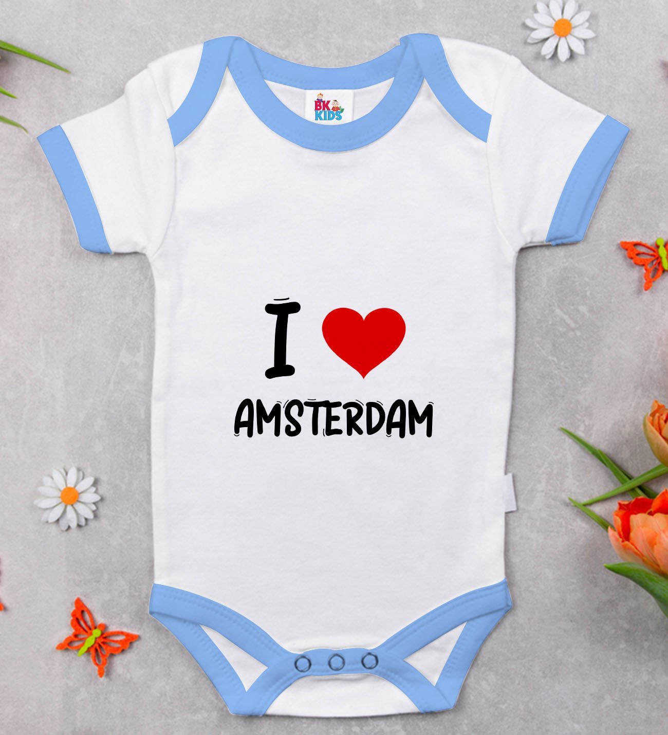 BK Kids I Love Amsterdam Tasarımlı Mavi Bebek Body Zıbın - Model 1