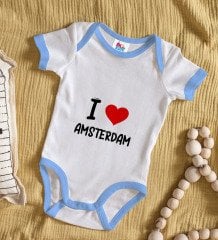 BK Kids I Love Amsterdam Tasarımlı Mavi Bebek Body Zıbın - Model 1
