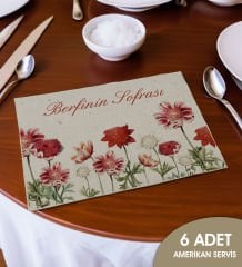 BK Gift Kişiye Özel Çiçek Tasarımlı 6’li Keten Amerikan Servis Seti-8, Ev Hediyesi,Baskılı Servis Bezi, Mutfak Dekoru