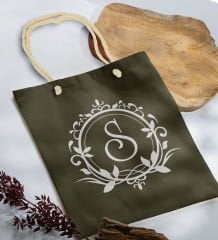 BK Gift Kişiye Özel Harfli Haki Halat Saplı Kumaş Bez Çanta-3, Baskılı Omuz Çantası, Alışveriş Çantası