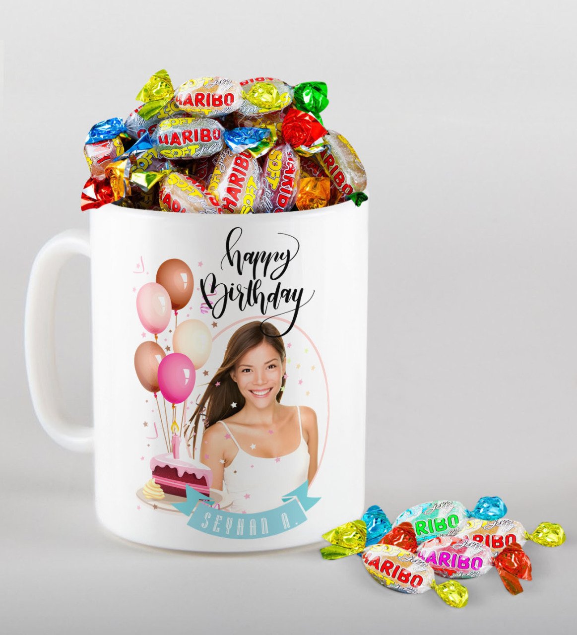 Kişiye Özel Fotoğraflı Doğum Günü Temalı Kupa ve Haribo Fruitbons Şeker Hediye Seti-5