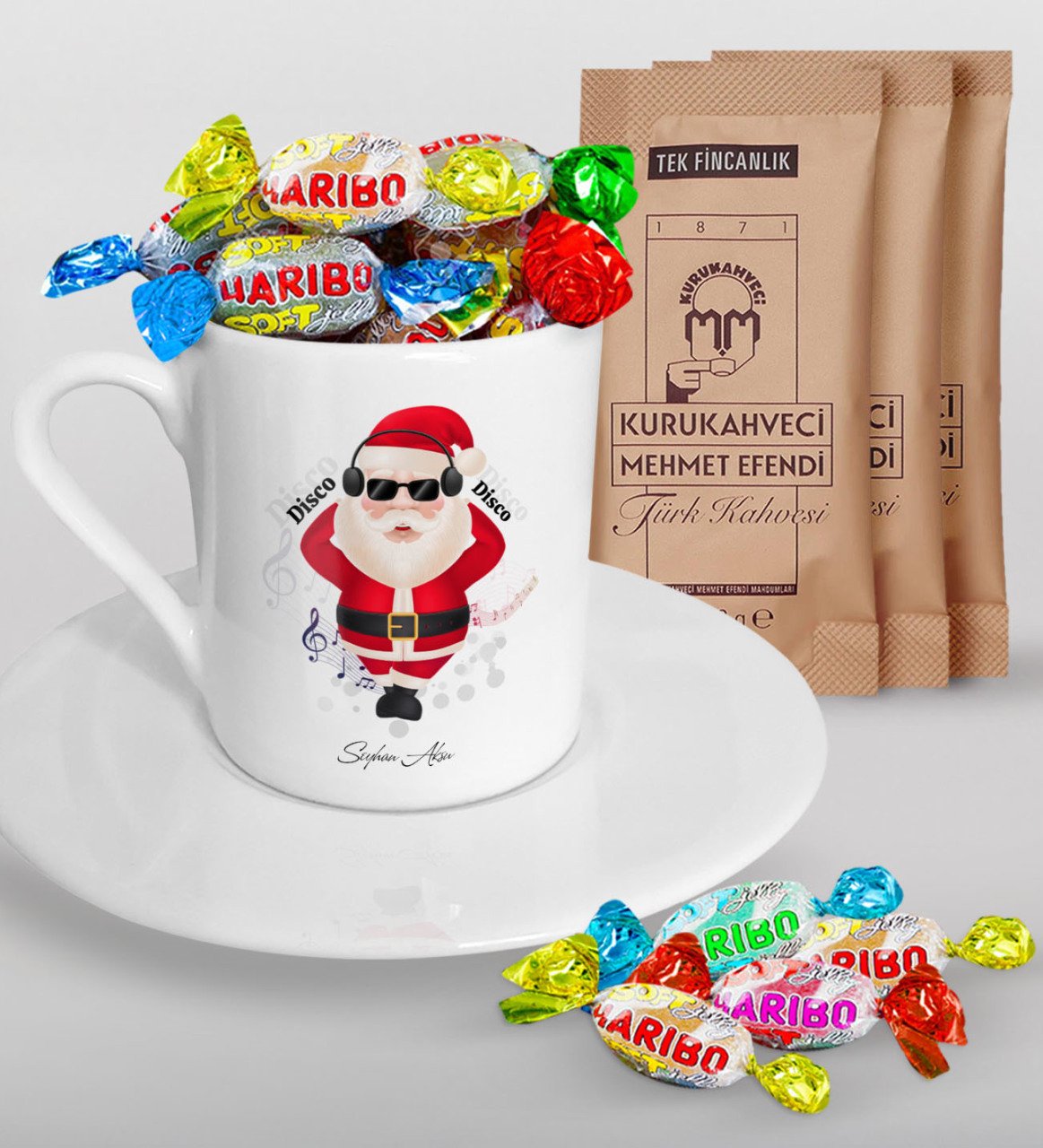 Kişiye Özel Noel Baba Türk Kahvesi Fincanı Mehmet Efendi Kahve ve Haribo Şeker Hediye Seti-1