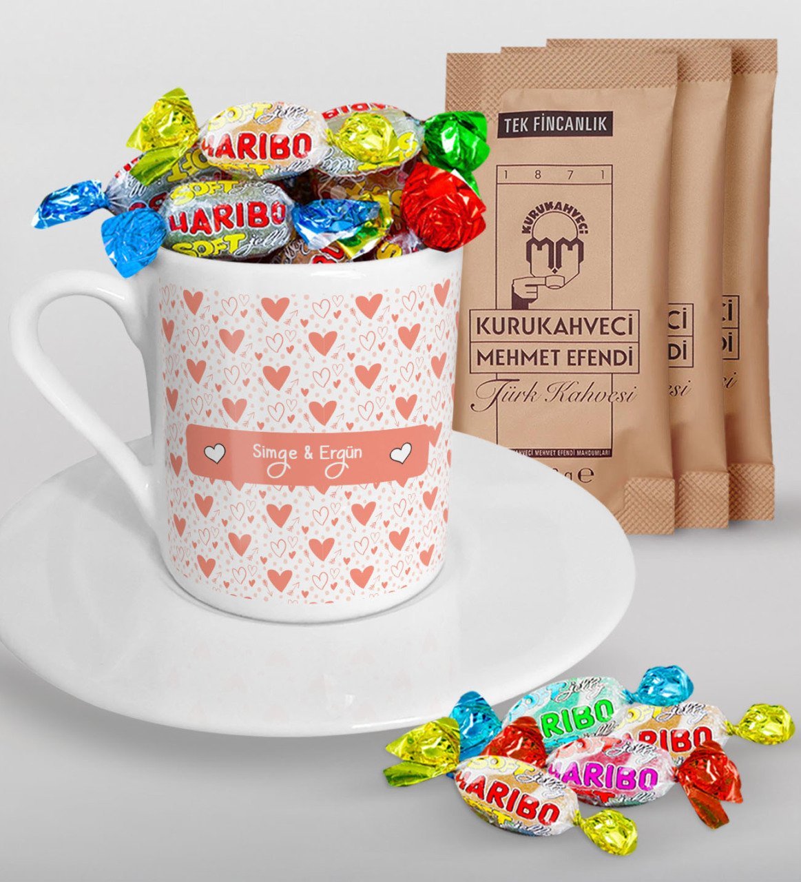 Kişiye Özel Sevgililer Günü Türk Kahvesi Fincanı Mehmet Efendi Kahve ve Haribo Şeker Hediye Seti-40