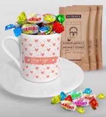 Kişiye Özel Sevgililer Günü Türk Kahvesi Fincanı Mehmet Efendi Kahve ve Haribo Şeker Hediye Seti-40