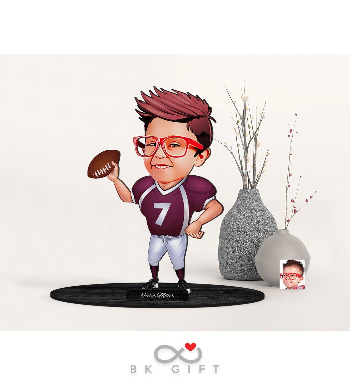 BK Gift Kişiye Özel Çocuk Amerikan Futbolcu Karikatürlü Ahşap Biblo-1