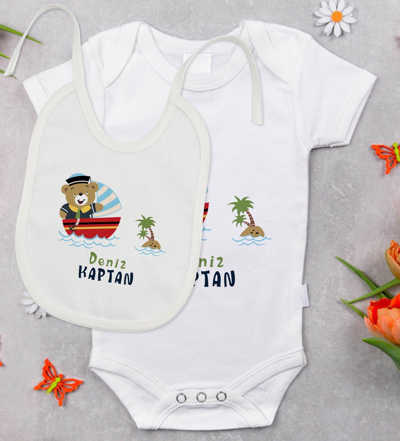 BK Kids Kişiye Özel Sevimli Kaptan Tasarımlı Bebek Body Zıbın ve Mama Önlüğü Hediye Seti - Model 2