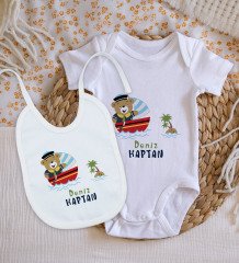 BK Kids Kişiye Özel Sevimli Kaptan Tasarımlı Bebek Body Zıbın ve Mama Önlüğü Hediye Seti - Model 2