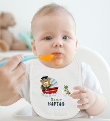 BK Kids Kişiye Özel Sevimli Kaptan Tasarımlı Bebek Body Zıbın ve Mama Önlüğü Hediye Seti - Model 2