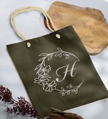 BK Gift Kişiye Özel Harfli Haki Halat Saplı Kumaş Bez Çanta-4, Baskılı Omuz Çantası, Alışveriş Çantası