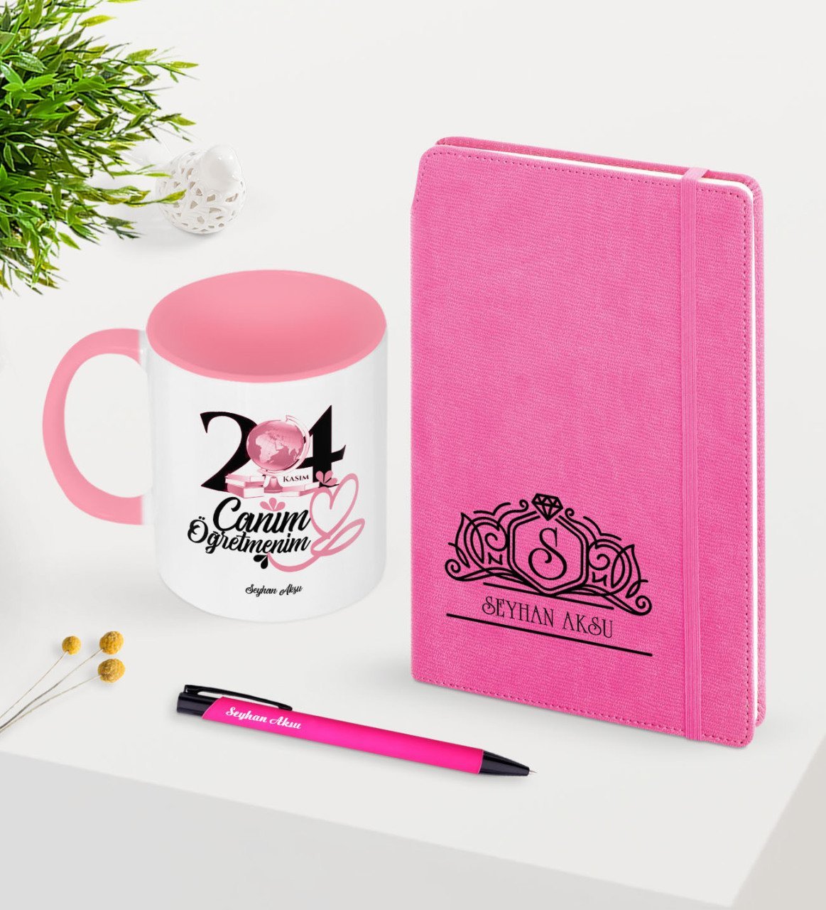 Kişiye Özel Canım Öğretmenim Temalı Pembe Defter Kalem Kupa Seti - 2
