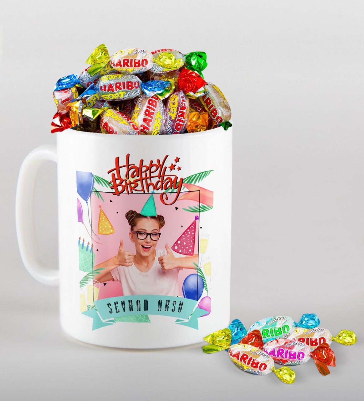 Kişiye Özel Fotoğraflı Doğum Günü Temalı Kupa ve Haribo Fruitbons Şeker Hediye Seti-6