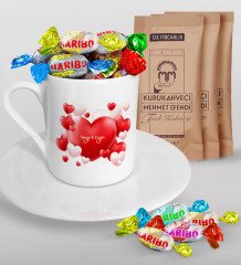 Kişiye Özel Sevgililer Günü Türk Kahvesi Fincanı Mehmet Efendi Kahve ve Haribo Şeker Hediye Seti-41