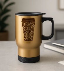 BK Gift Coffee Tasarımlı Kulplu Gold Çelik Bardak Termos Mug 450ml-4, Sevgiliye Hediye, Arkadaşa Hediye, Eşe Hediye
