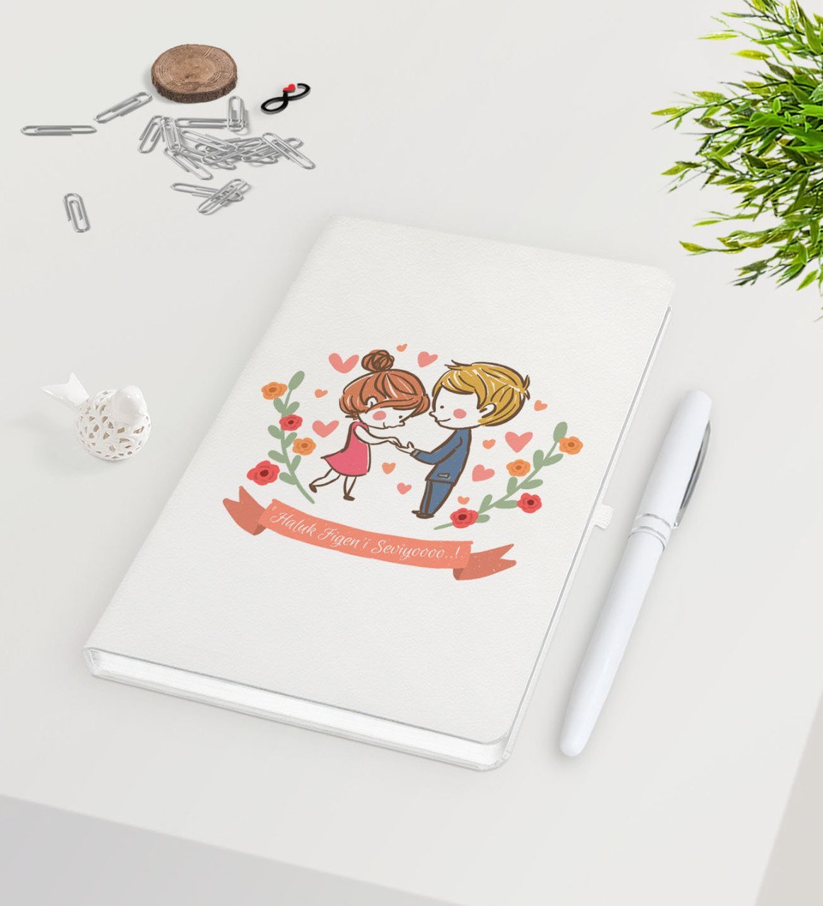 Kişiye Özel Sevgililer Günü Beyaz Defter Kalem Seti-63