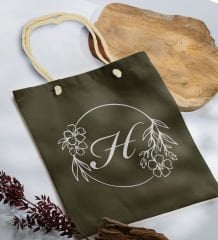 BK Gift Kişiye Özel Harfli Haki Halat Saplı Kumaş Bez Çanta-5, Baskılı Omuz Çantası, Alışveriş Çantası