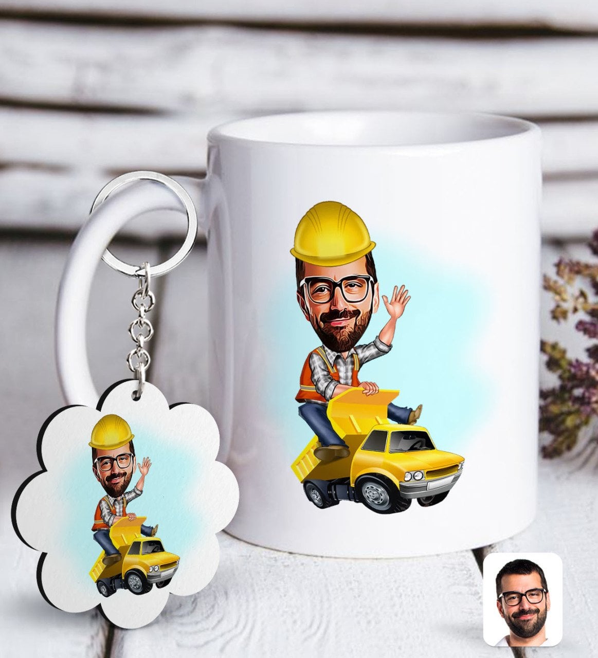 Kişiye Özel Erkek Yol Mühendisi Karikatürlü Beyaz Kupa ve Anahtarlık Hediye Seti-1