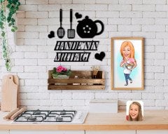 BK Home İsme Özel Mutfak Duvar Süsü Ahşap Karikatürlü Tablo ve Doğal Ahşap Raf Hediye Seti-1