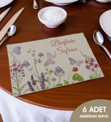 BK Gift Kişiye Özel Çiçek Tasarımlı 6’li Keten Amerikan Servis Seti-11, Ev Hediyesi,Baskılı Servis Bezi, Mutfak Dekoru