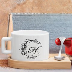 BK Gift Kişiye Özel Baş Harf İsimli Ahşap Altlıklı Seramik Fincan-2 , Meslek Hediyesi, Yeni İş Hediyesi