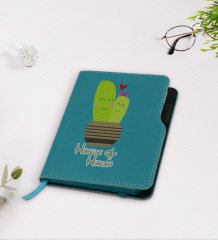 Kişiye Özel Kaktüs Tasarımlı Turkuaz Termo Deri Defter-13