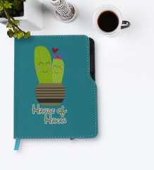 Kişiye Özel Kaktüs Tasarımlı Turkuaz Termo Deri Defter-13
