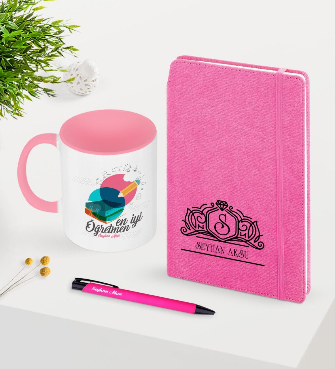 Kişiye Özel En İyi Öğretmen Temalı Pembe Defter Kalem Kupa Seti - 3