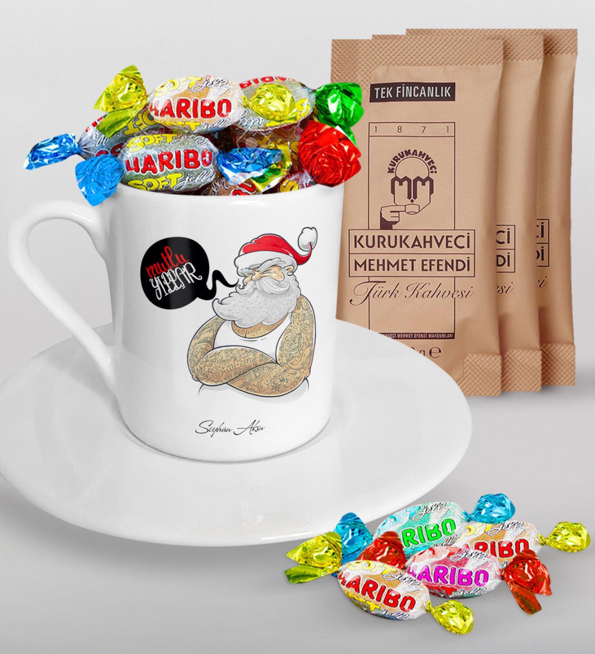 Kişiye Özel Noel Baba Türk Kahvesi Fincanı Mehmet Efendi Kahve ve Haribo Şeker Hediye Seti-4