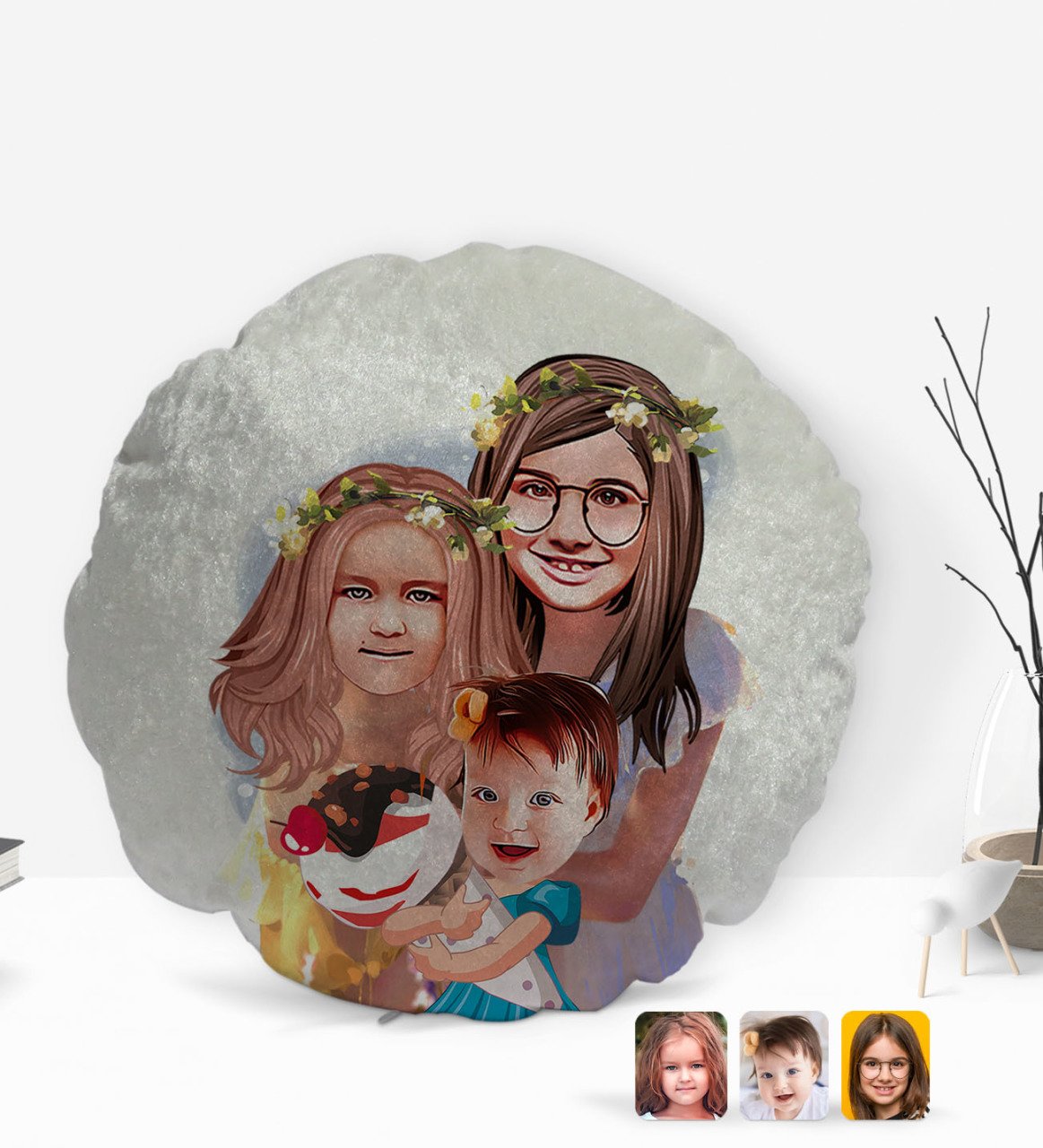 Kişiye Özel 3 Kardeş Karikatürlü Yuvarlak Dekoratif Kırlent Yastık-4