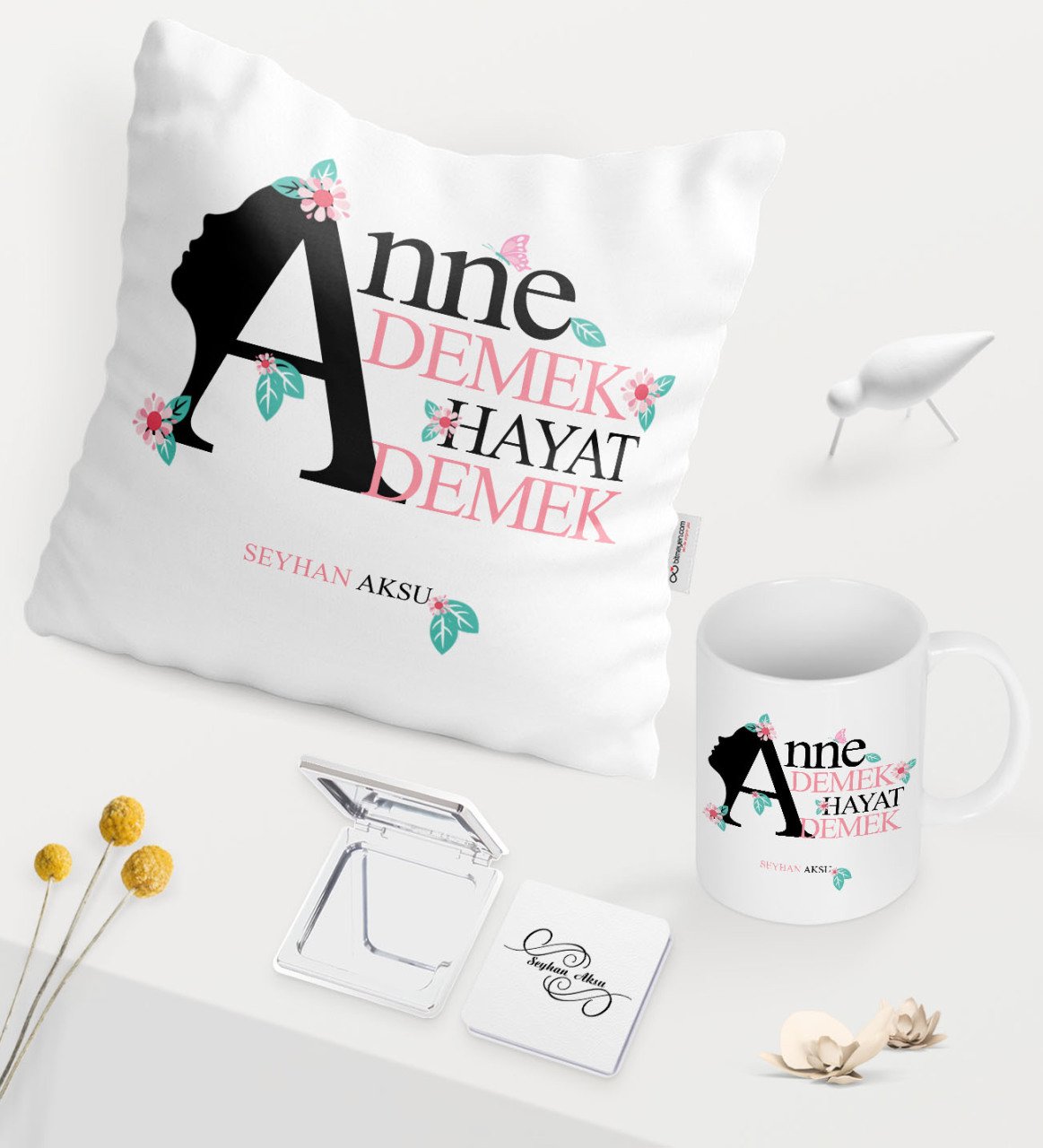 Kişiye Özel Anne Demek Hayat Demek Beyaz Kupa Ayna Yastık Seti