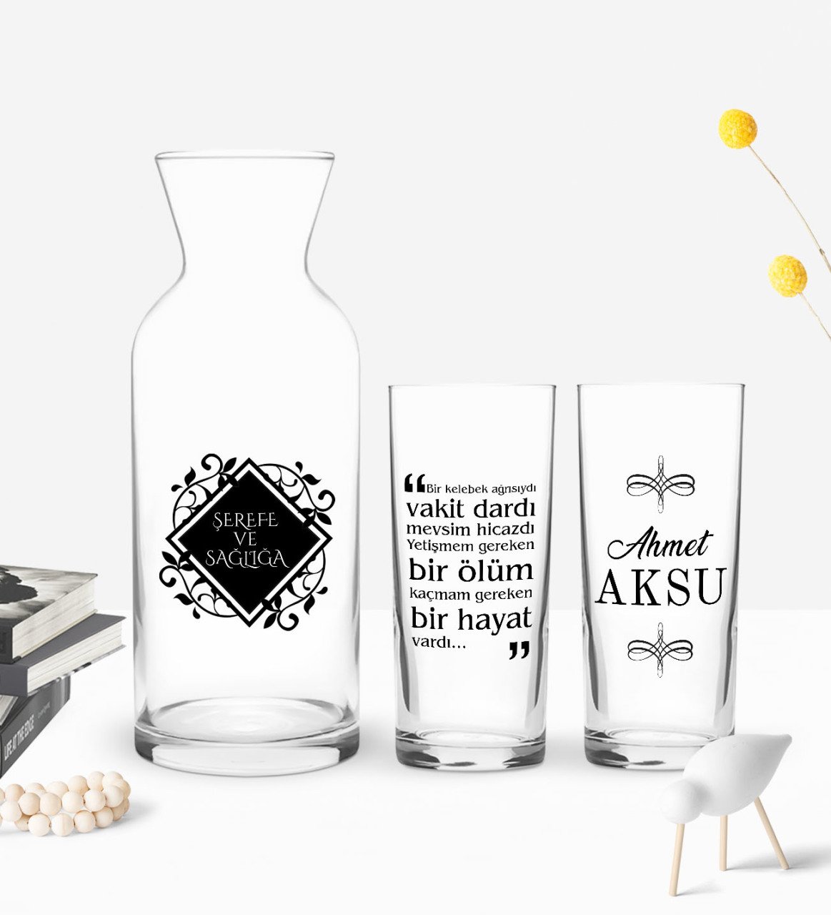 Kişiye Özel Renkli Baskılı Bir Kelebek Ağrısı Tasarımlı İkili Rakı Bardağı ve Karaf Hediye Seti-1