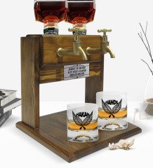 Kişiye Özel Renkli Baskılı İsimli İkili Viski Bardağı ve Çift Musluklu Doğal Ahşap Viski Standı-23
