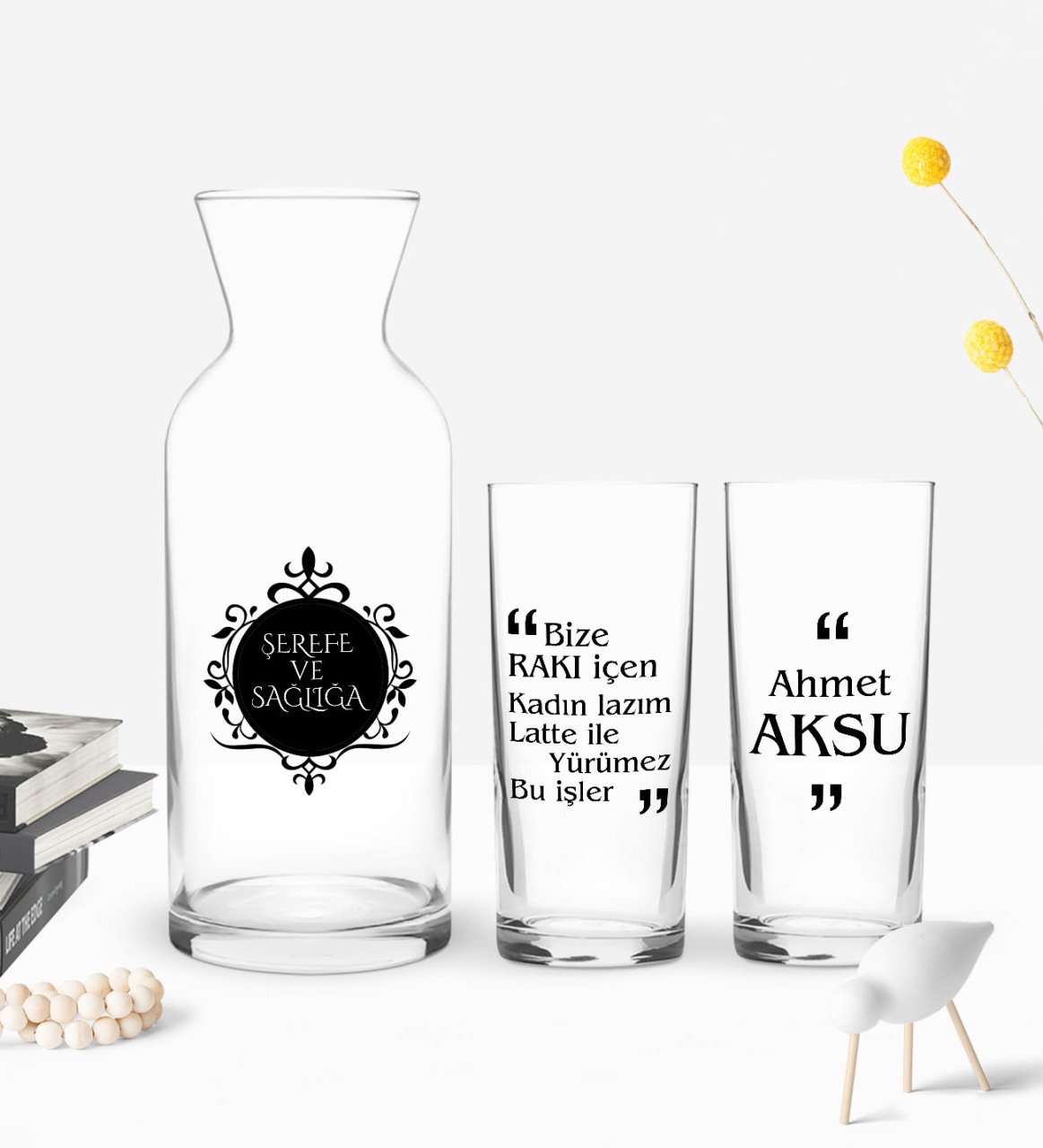 Kişiye Özel Renkli Baskılı Bize Rakı İçen Tasarımlı İkili Rakı Bardağı ve Karaf Hediye Seti-1