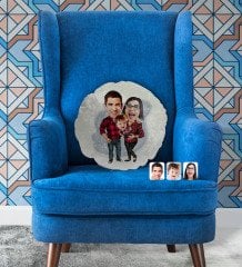 Kişiye Özel Aile Karikatürlü Yuvarlak Dekoratif Kırlent Yastık-2