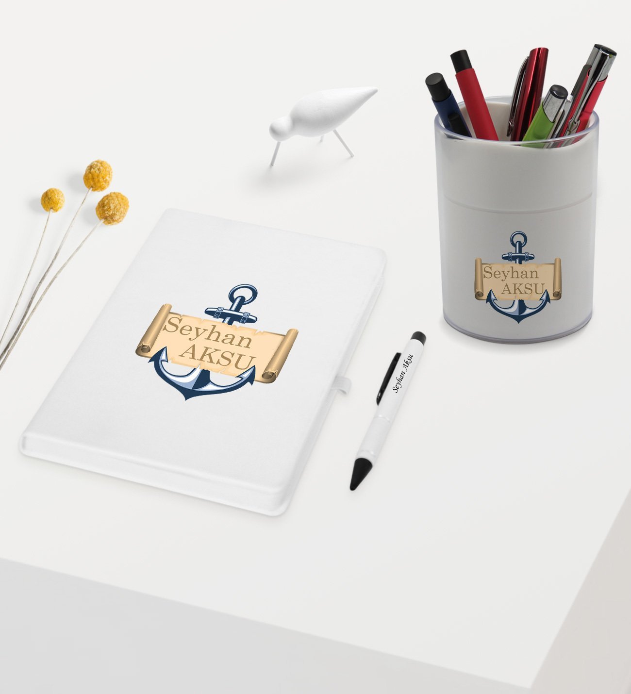 BK Gift Kişiye Özel Çapa Tasarımlı Beyaz Defter Kalem ve Kalemlik Hediye Seti - Model 3