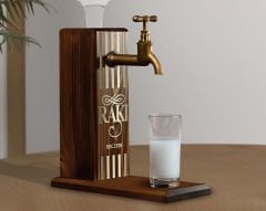 BK Gift Aynalı Altın Kabartma Musluklu Doğal Ceviz Ahşap Rakı Standı, Home Bar, İçecek Dispenseri, Ahşap İçecek Çeşmesi-1