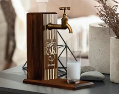 BK Gift Aynalı Altın Kabartma Musluklu Doğal Ceviz Ahşap Rakı Standı, Home Bar, İçecek Dispenseri, Ahşap İçecek Çeşmesi-1
