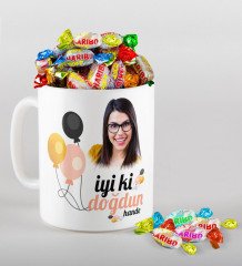 Kişiye Özel Fotoğraflı Doğum Günü Temalı Kupa ve Haribo Fruitbons Şeker Hediye Seti-11