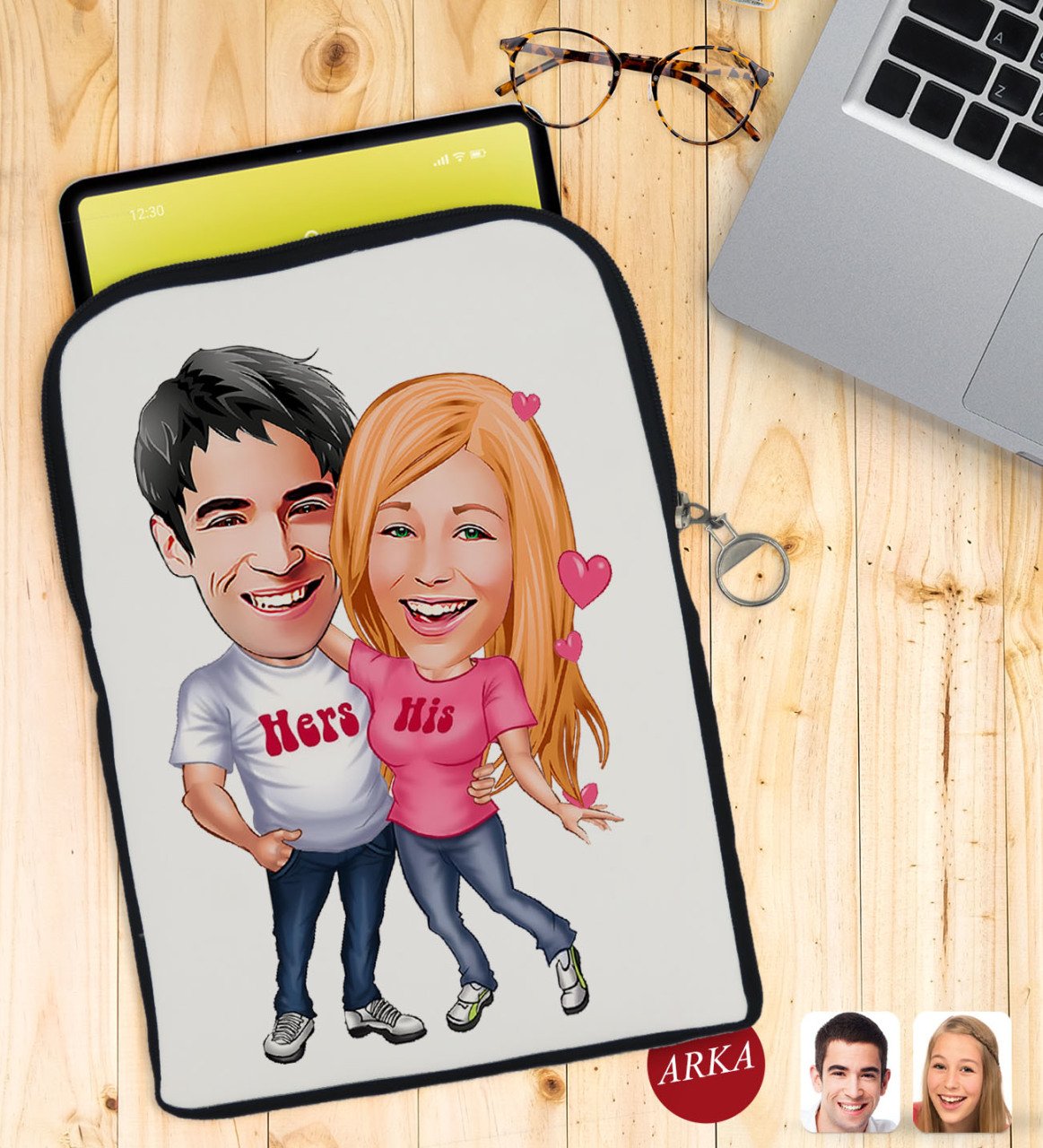 Kişiye Özel Sevgililer Karikatürlü Taşınabilir Koruyucu Tablet Kılıfı & Organizer Çanta - Siyah-5