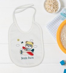 BK Kids Kişiye Özel Sevimli Pilot Tasarımlı Bebek Body Zıbın ve Mama Önlüğü Hediye Seti - Model 1