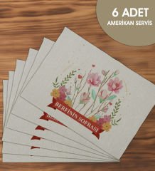 BK Gift Kişiye Özel Çiçek Tasarımlı 6’li Keten Amerikan Servis Seti-15, Ev Hediyesi,Baskılı Servis Bezi, Mutfak Dekoru