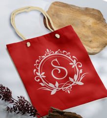 BK Gift Kişiye Özel Harfli Kırmızı Halat Saplı Kumaş Bez Çanta-3, Baskılı Omuz Çantası, Alışveriş Çantası