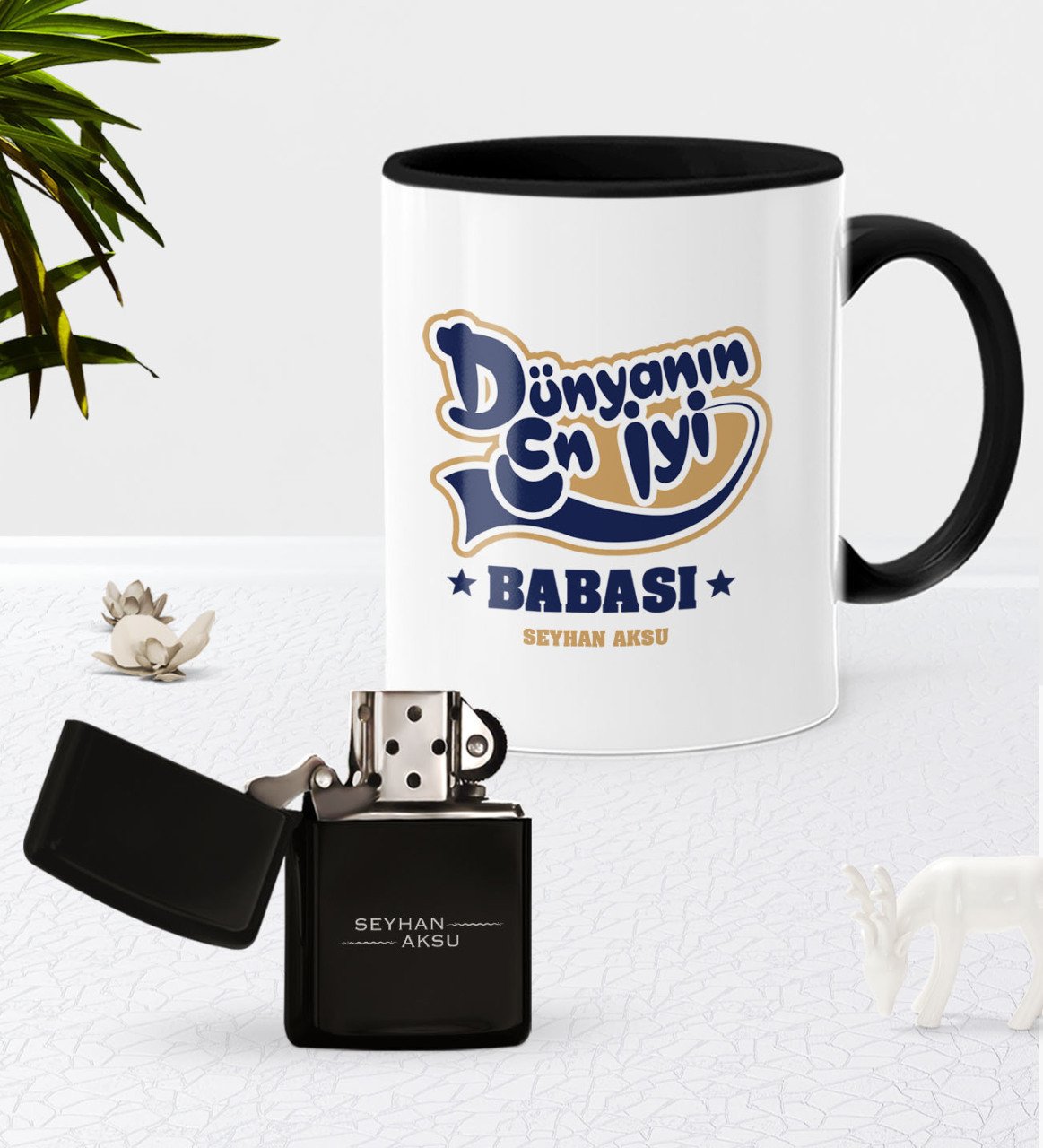 Kişiye Özel Dünyanın En İyi Babası Siyah Kupa Bardak Benzinli Metal Çakmak Seti-2
