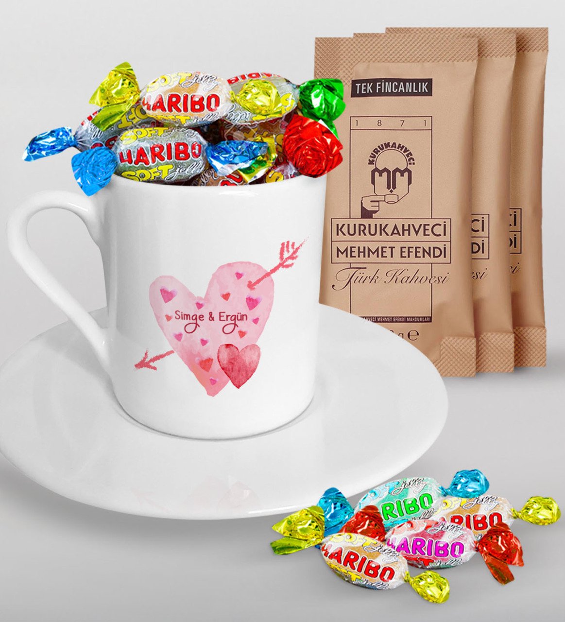 Kişiye Özel Sevgililer Günü Türk Kahvesi Fincanı Mehmet Efendi Kahve ve Haribo Şeker Hediye Seti-47