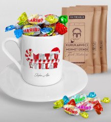 Kişiye Özel Yılbaşı Mutlu Yıllar Türk Kahvesi Fincanı Mehmet Efendi Kahve ve Haribo Şeker Hediye Seti-2