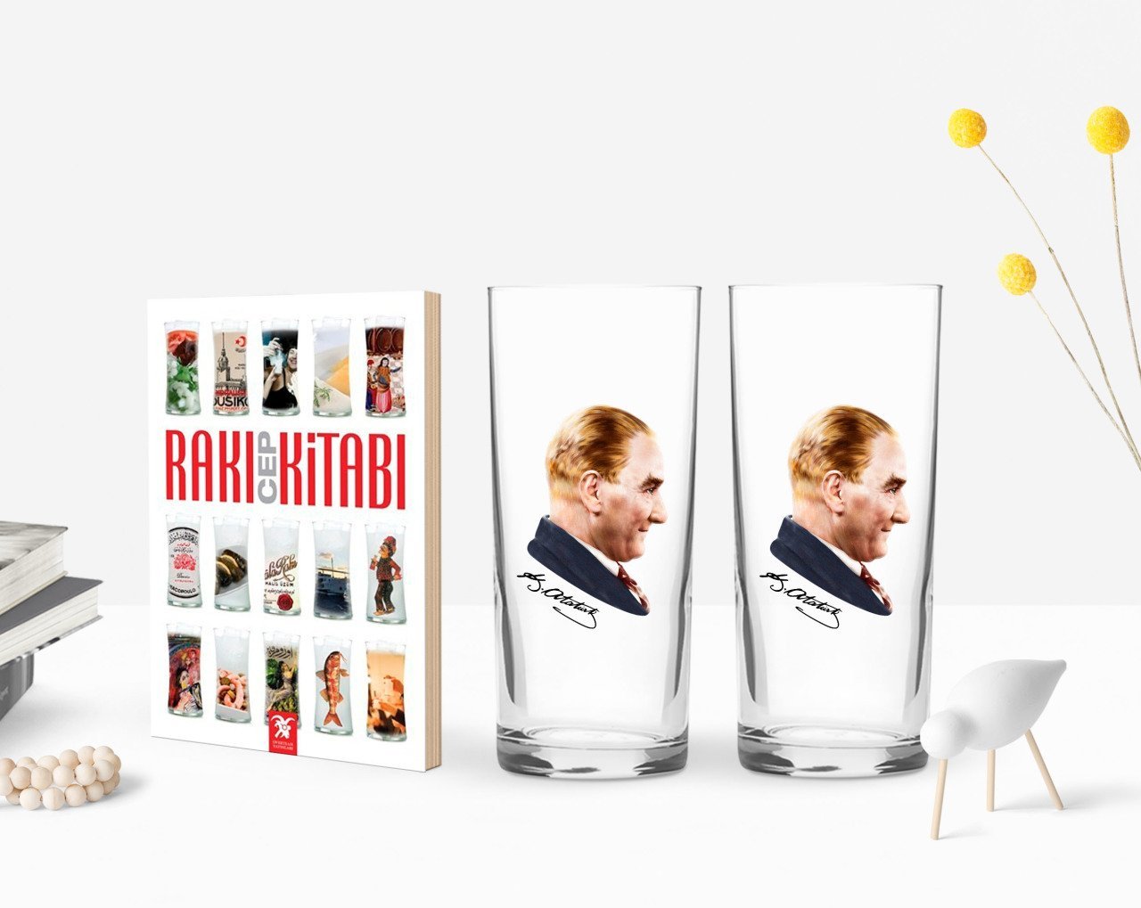 BK Home Renkli Baskılı Atatürk Temalı İkili Rakı Bardağı ve Rakı Cep Kitabı Hediye Seti-11