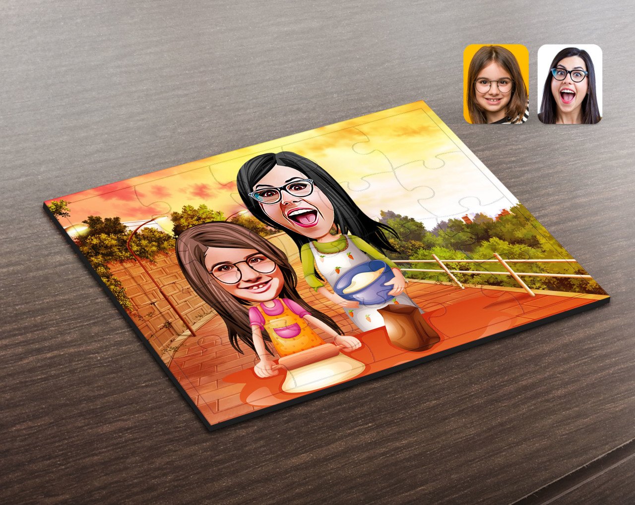 Kişiye Özel Anne Kız Karikatürlü Ahşap Puzzle-2