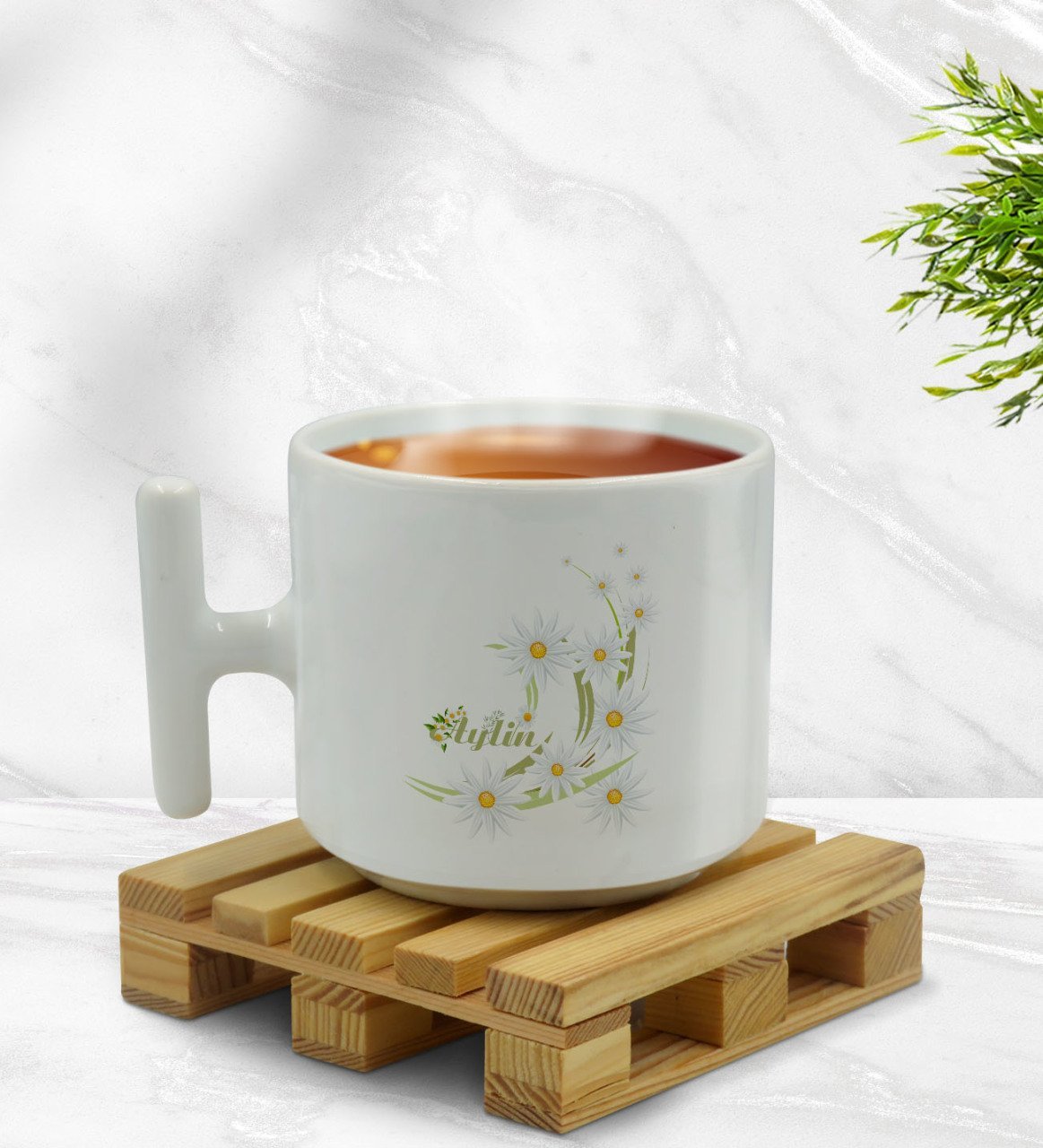 Kişiye Özel Papatya Temalı T Kulplu Beyaz Middle Kupa Bardak-1