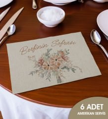 BK Gift Kişiye Özel Çiçek Tasarımlı 6’li Keten Amerikan Servis Seti-16, Ev Hediyesi,Baskılı Servis Bezi, Mutfak Dekoru